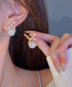 Elegant Golden Cross Pearl Zircon Earings Pearl Stud Earrings