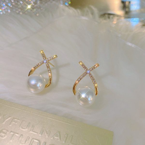 Elegant Golden Cross Pearl Zircon Earings Pearl Stud Earrings - Image 6