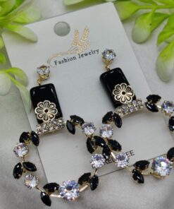 Imported Elegant Floral Hoop Earrings With Black And Crystal Accents