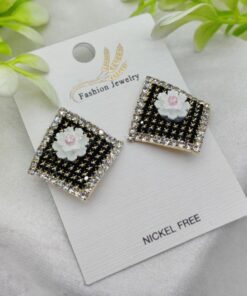 Imported Elegant Floral Stud Earrings With Rhinestone Border