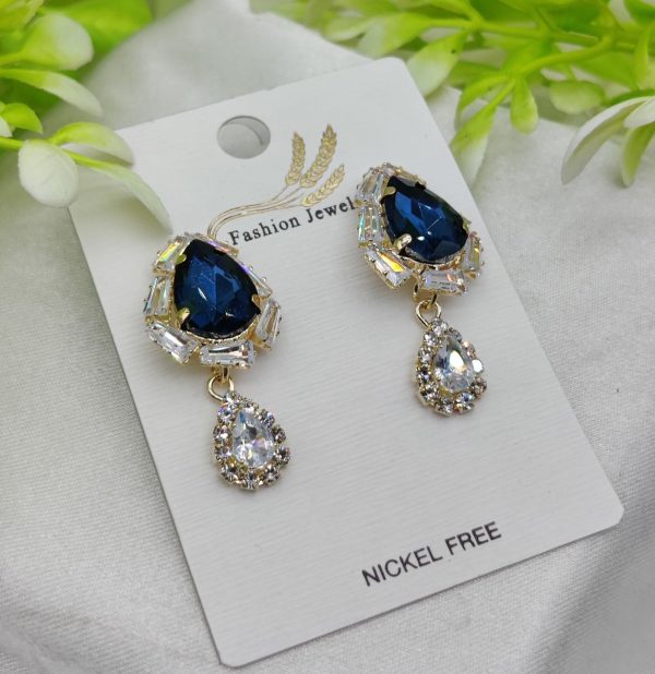 Imported Elegant Royal Blue Drop Earrings With Crystal Accents - Image 2