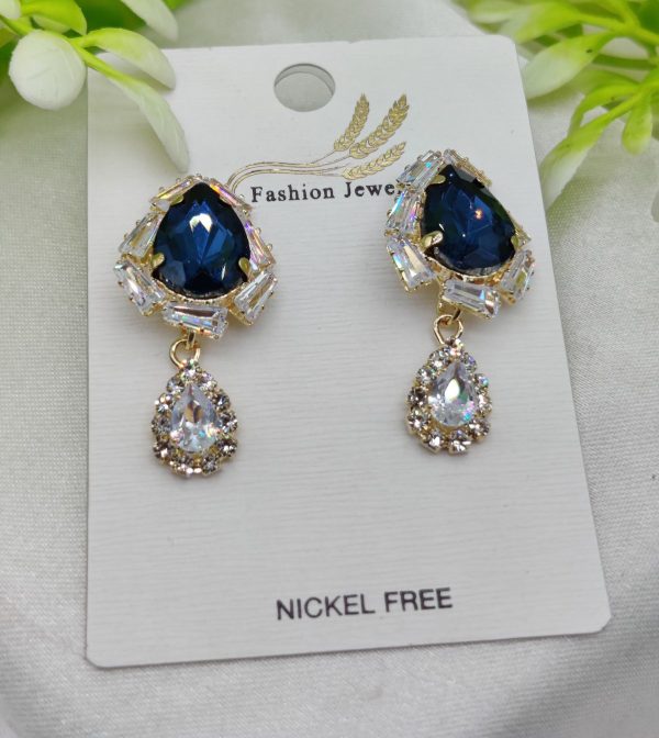 Imported Elegant Royal Blue Drop Earrings With Crystal Accents - Image 3