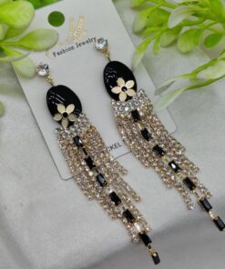 Imported Glamorous Long Tassel Earrings With Black And Crystal