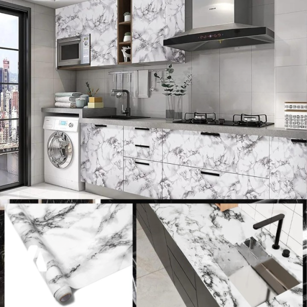 Self Adhesive White Marble Sheet Sticker For Kitchen - Image 2